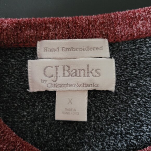 Vintage CJ Banks Women’s 1X Button-down Cardigan, Hand Embroidered, Maroon/Gray - Picture 7 of 10